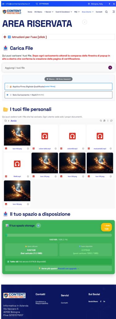 Area riservata di ContentProtector.it con schermata di caricamento file e opzioni di certificazione digitale.