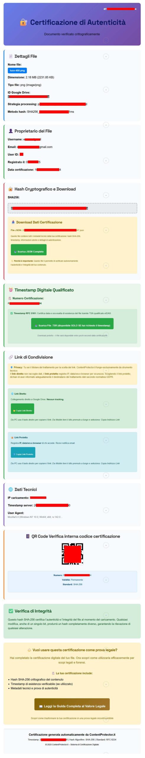 Pagina di certificazione di esempio con hash crittografico, timestamp qualificato, QR code e dettagli tecnici.
