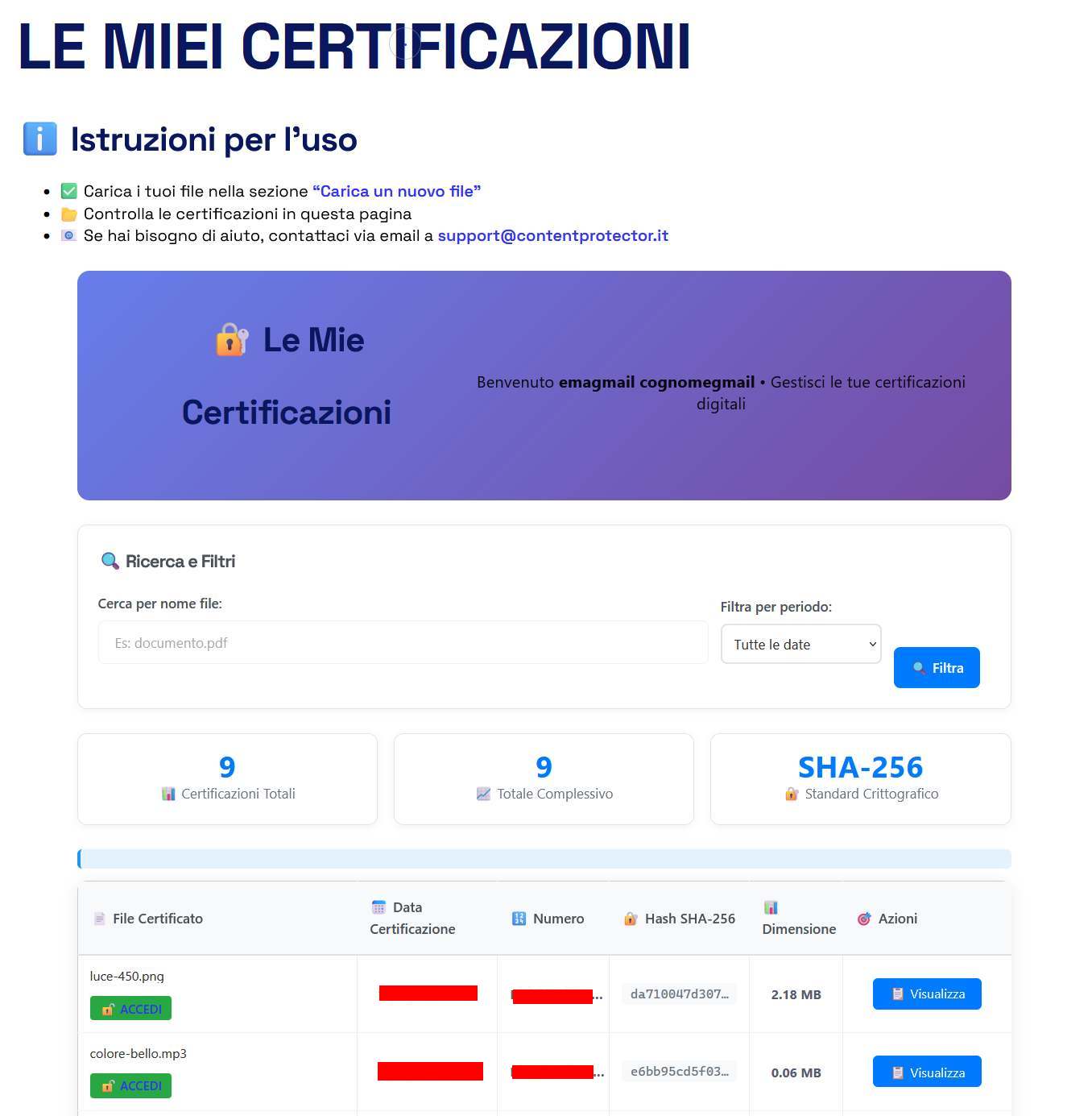 Pannello “Le mie certificazioni” con elenco dei file certificati, hash SHA-256 e filtri di ricerca